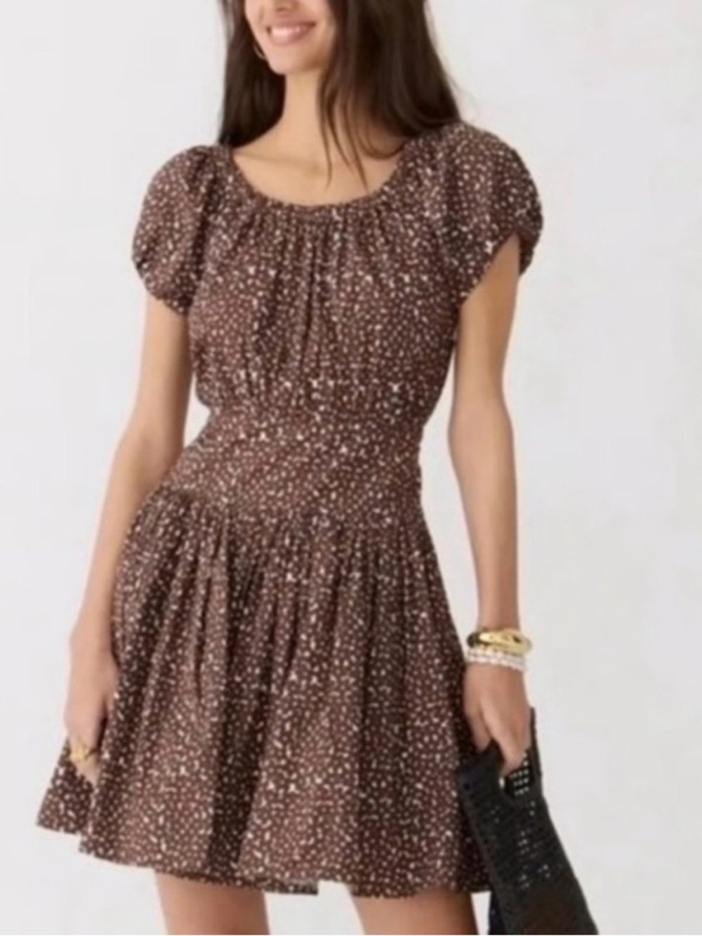 JCrew Floral Smocked Waist Puff Sleeve Midi Dress | Brown & White | Size 14